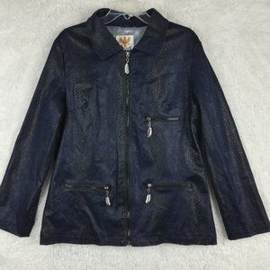 Ameri Mode Womens Jacket Snakeskin‎ Blue Black Zip Front Lined Collar L